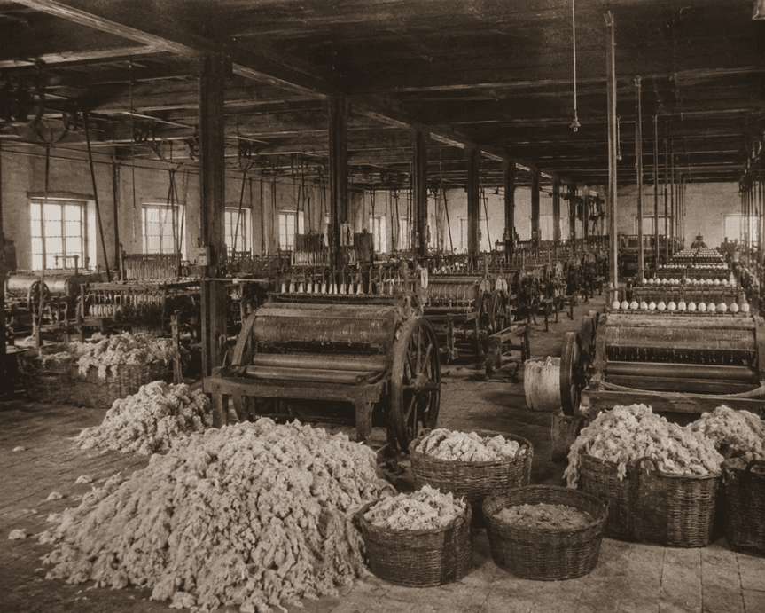 Historic wool textile mill with weaving machines